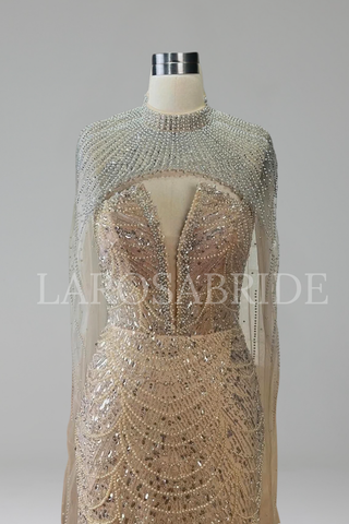 Pearl Beaded Tulle Train Dress