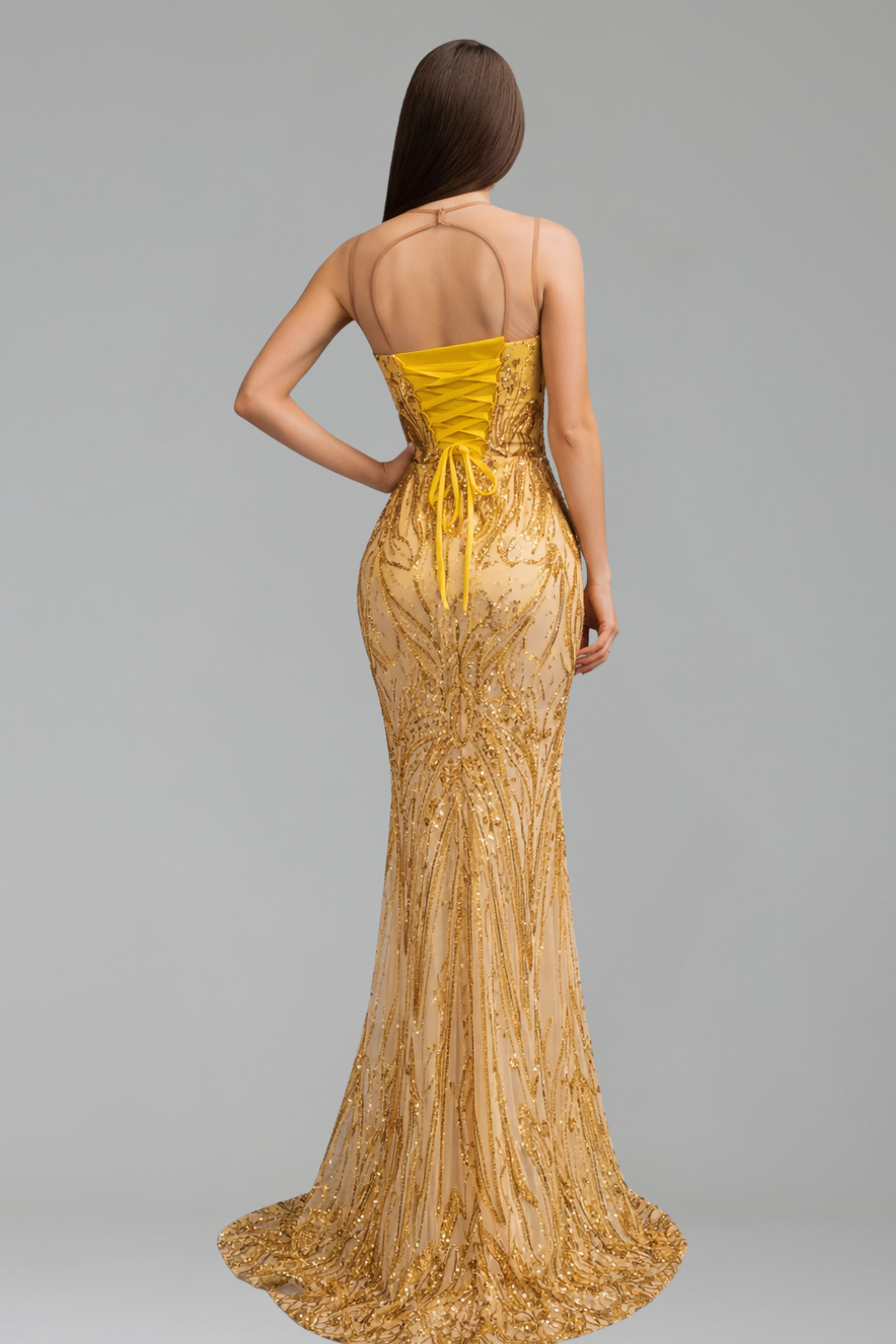 Sheer Embellished Appliqu� Mermaid Dress - LAROSABRIDE