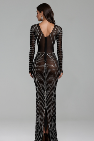 Embellished Illusion Long Sleeve Gown