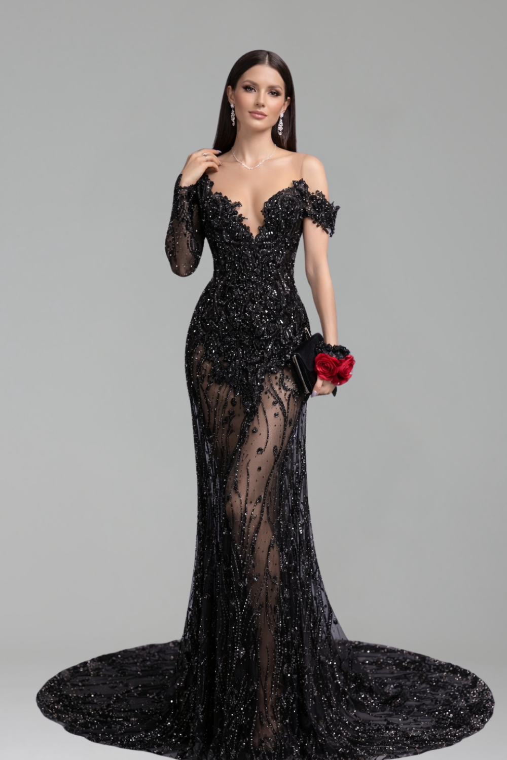 Off-Shoulder Sheer Beaded Gown - LAROSABRIDE