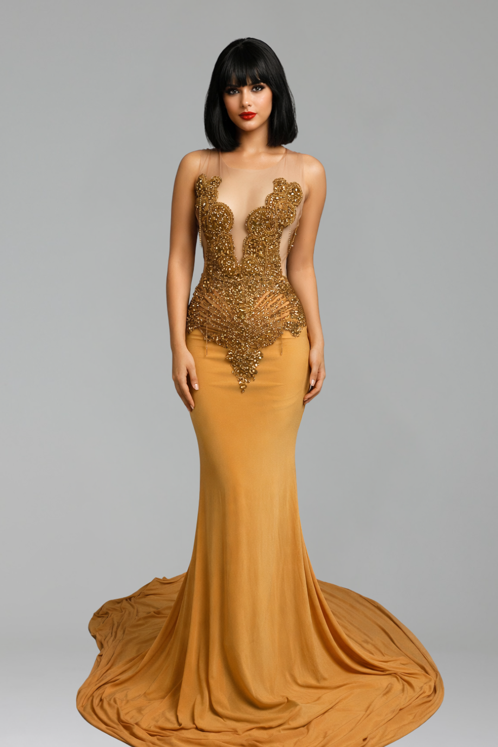 Beaded Illusion Mermaid Evening Gown - LAROSABRIDE