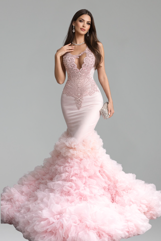 Beaded Ruffle Mermaid Dress - LAROSABRIDE