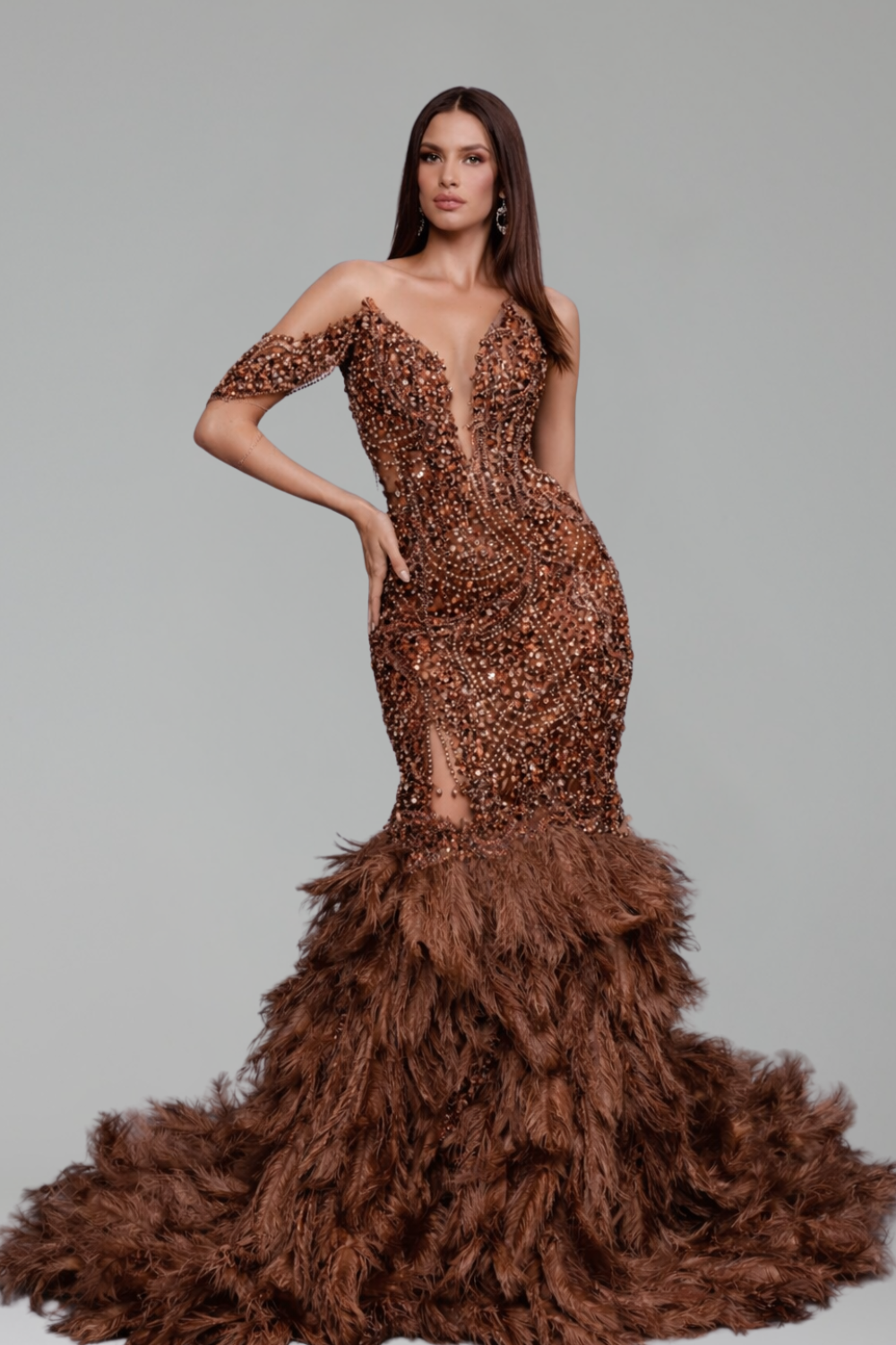 Beaded Feathered Mermaid Gown - LAROSABRIDE