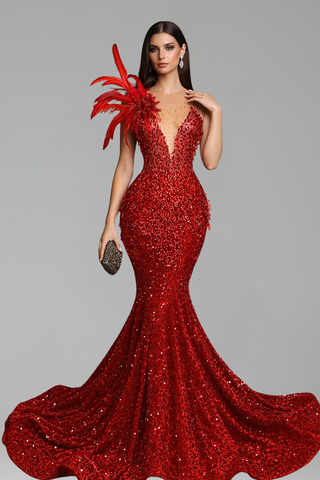 Feather Shoulder Mermaid Gown - LAROSABRIDE