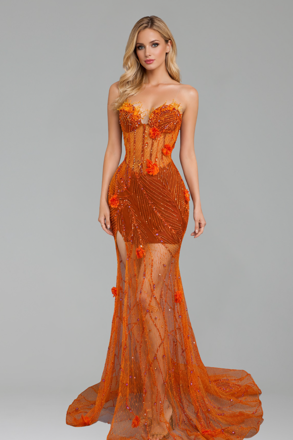 Beaded Mesh Floral Detail Gown - LAROSABRIDE