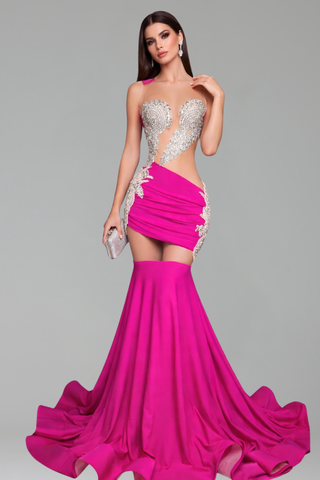 Crystal Illusion Cutout Mermaid Gown - LAROSABRIDE