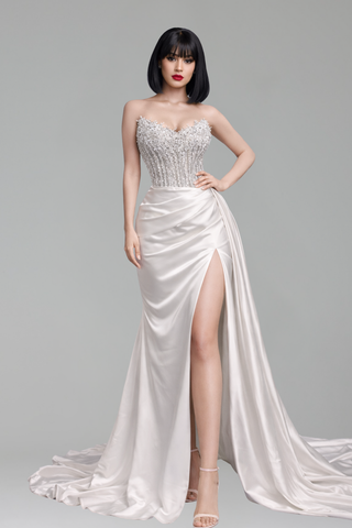 Strapless Beaded Satin High Slit Gown