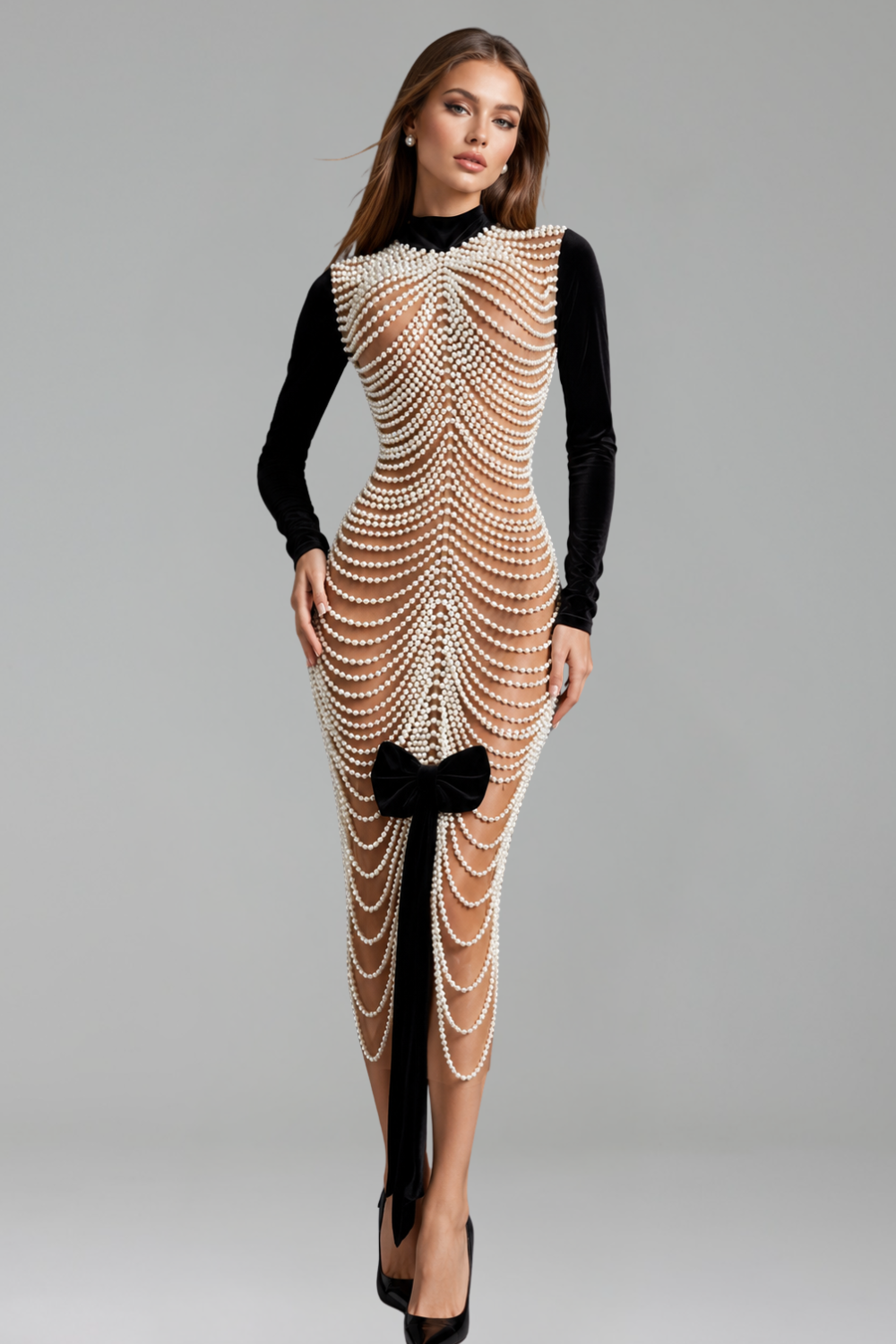 Pearl Drape Illusion Dress - LAROSABRIDE