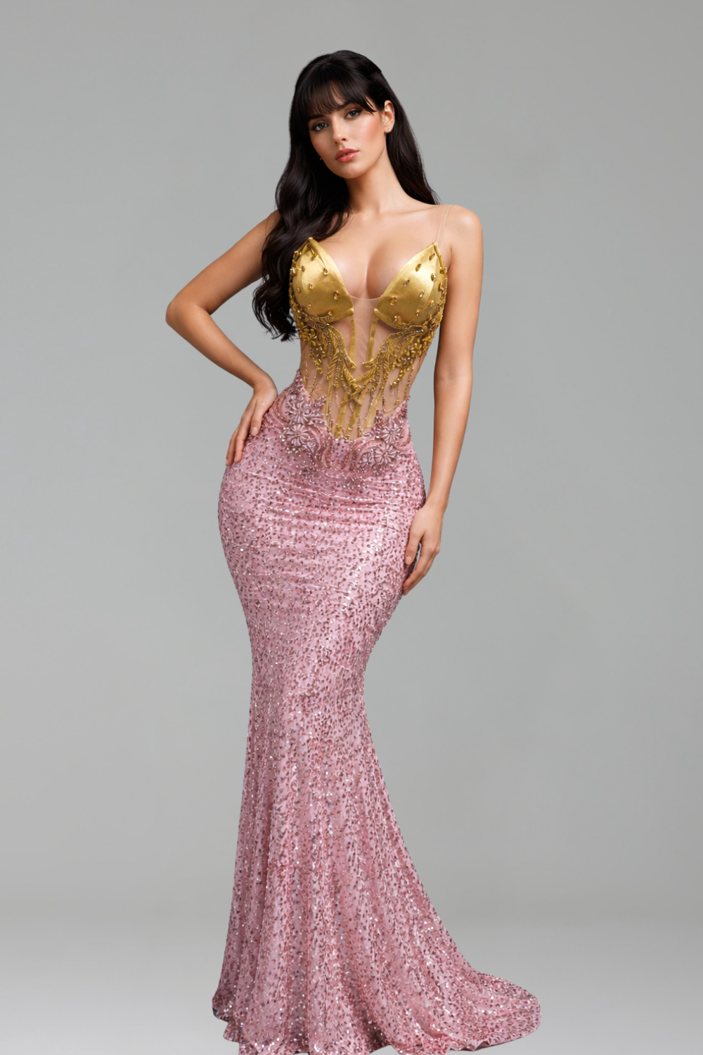 Beaded Illusion Mermaid Evening Gown - LAROSABRIDE