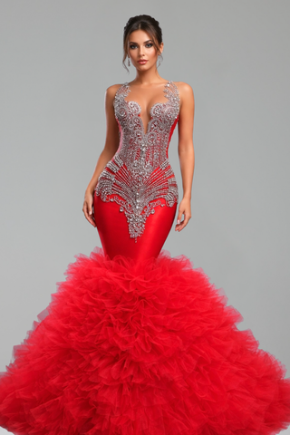 Beaded Ruffle Mermaid Gown - LAROSABRIDE