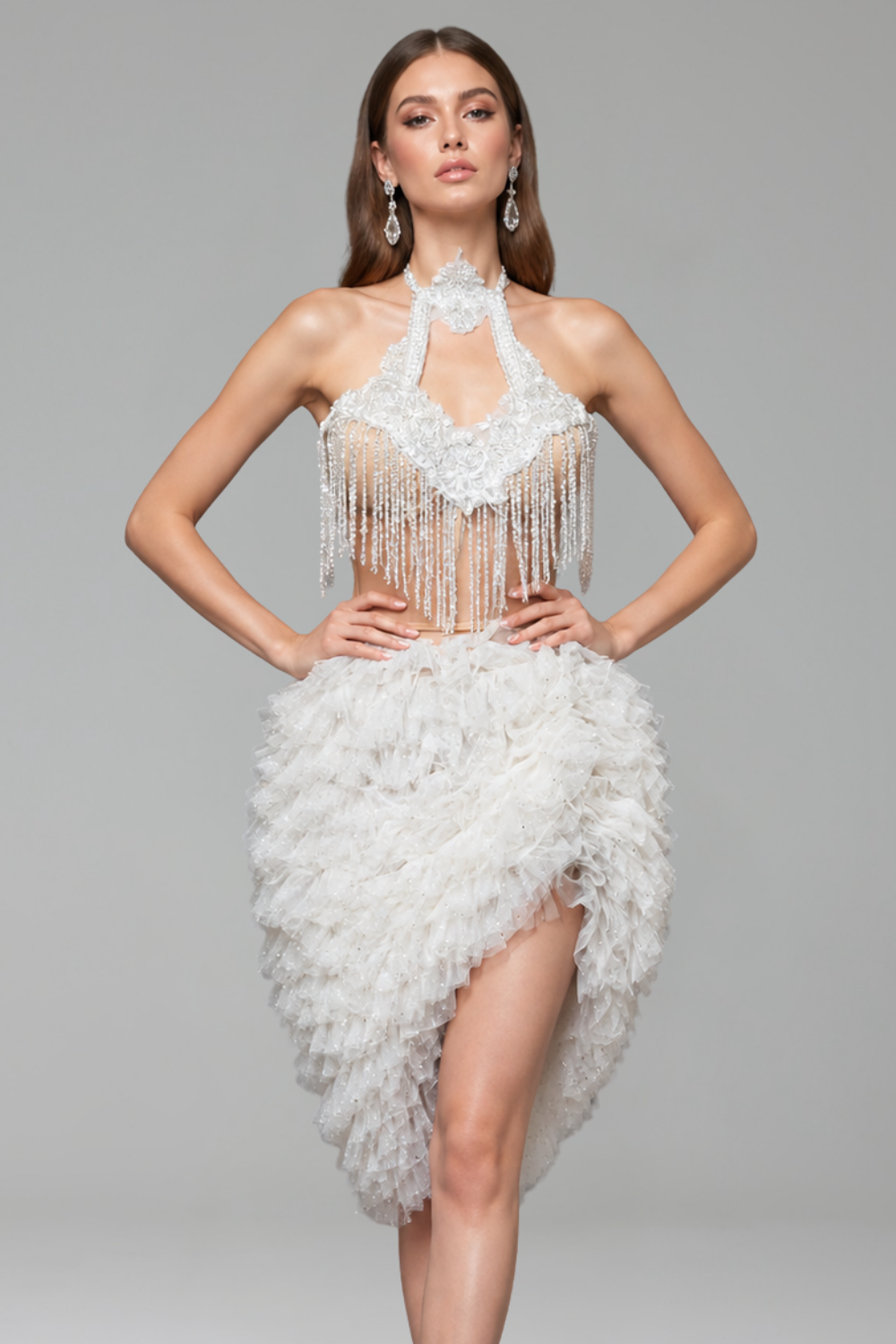Crystal Fringe Halter Tulle Dress - LAROSABRIDE