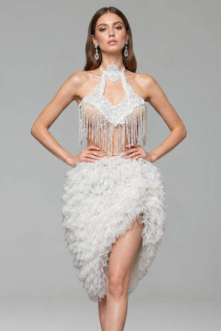 Crystal Fringe Halter Tulle Dress - LAROSABRIDE
