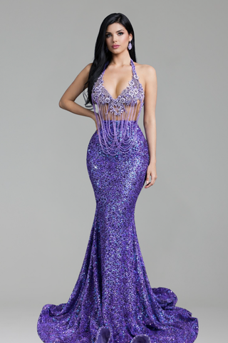 Beaded Fringe Halter Mermaid Gown