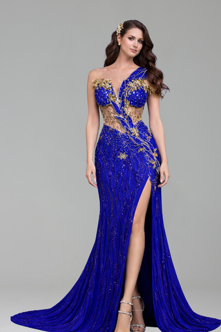 Asymmetric Embellished Illusion Slit Gown - LAROSABRIDE