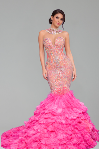 Crystal Embellished Mermaid Feather Gown