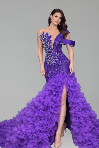 Asymmetric Embellished Ruffle Train Gown - LAROSABRIDE