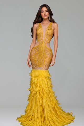 Feathered Embellished Mermaid Evening Gown
