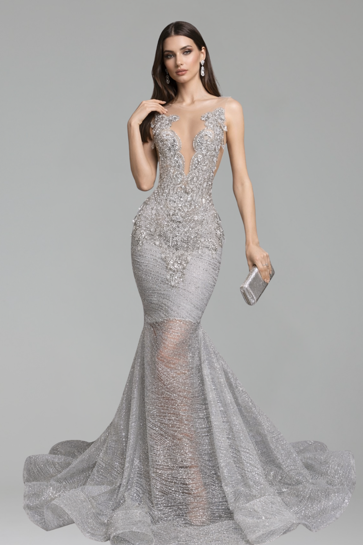 Silver Beaded Illusion Mermaid Gown - LAROSABRIDE