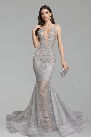 Silver Beaded Illusion Mermaid Gown - LAROSABRIDE