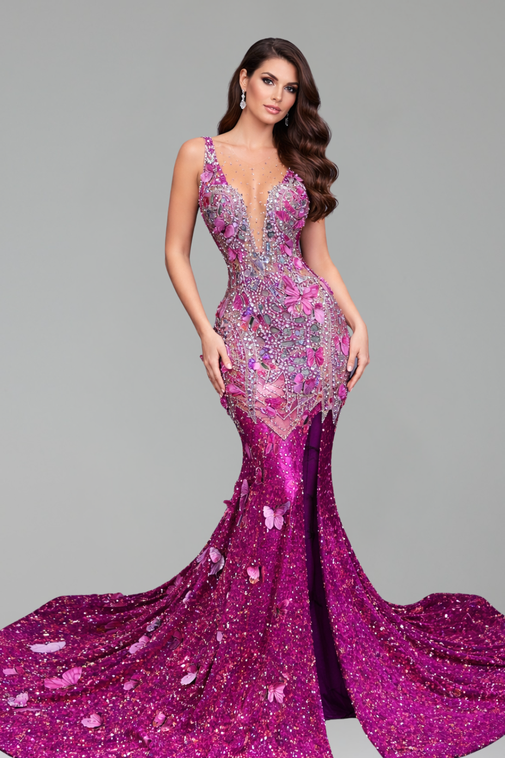 Floral Embellished Illusion Mermaid Gown - LAROSABRIDE