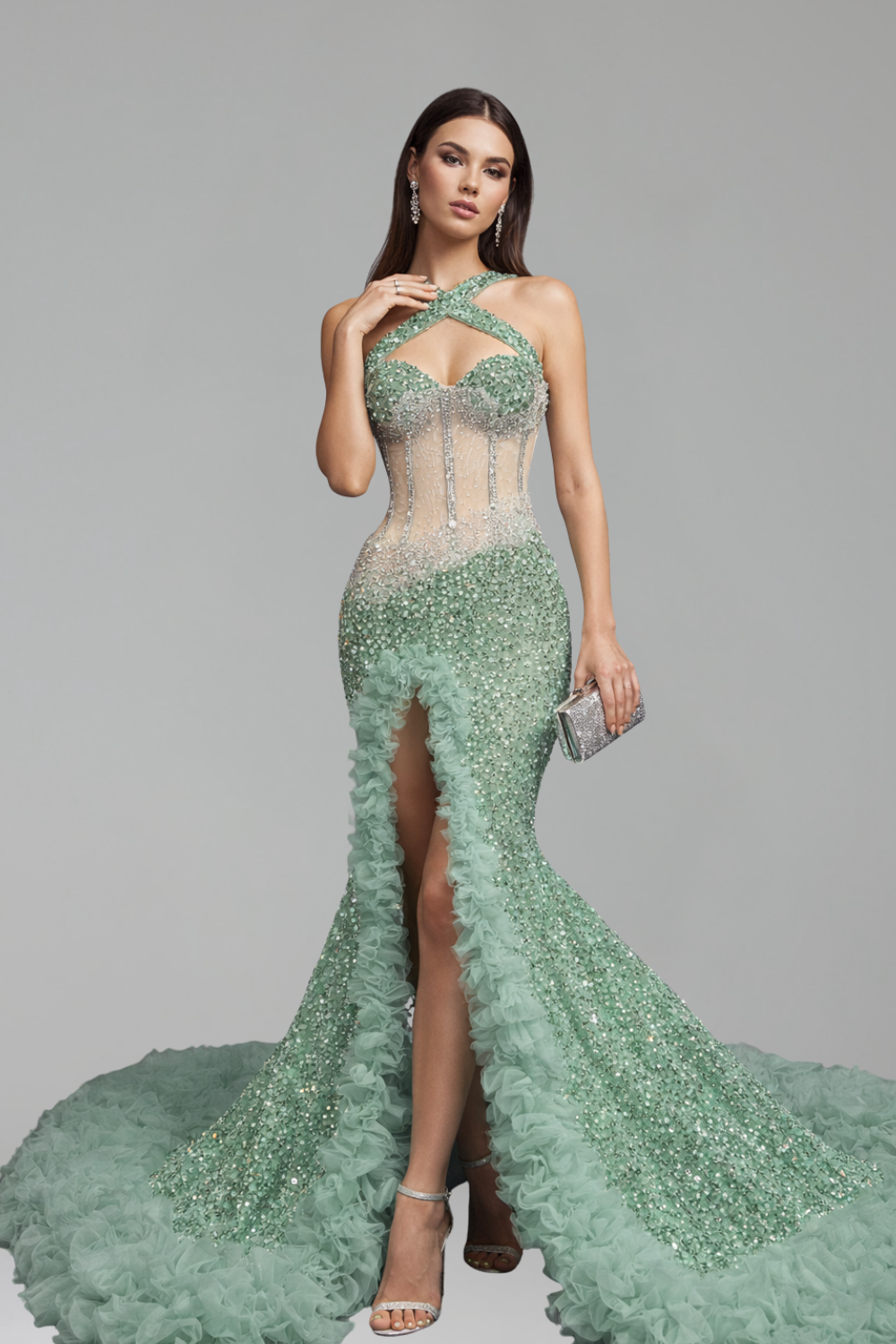 Halter Ruffled Mermaid Gown - LAROSABRIDE