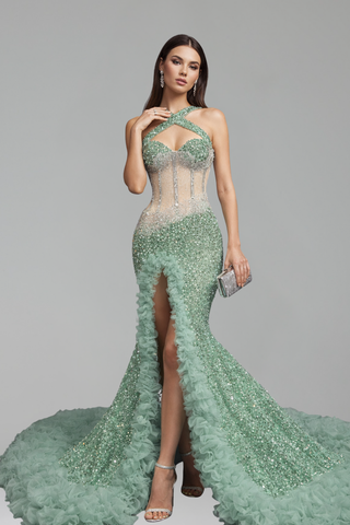Halter Ruffled Mermaid Gown - LAROSABRIDE