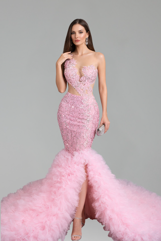 Beaded Mermaid Cut-Out Feather Train - LAROSABRIDE