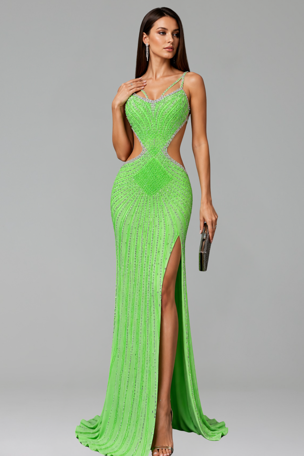 Embellished Cutout High Slit Gown - LAROSABRIDE