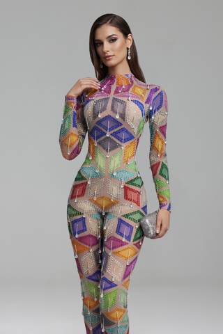 Geometric Embellished Sheer Jumpsuit - LAROSABRIDE