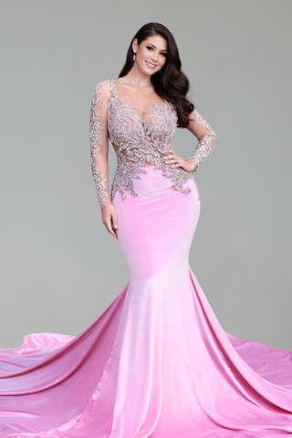 Sheer Embellished Mermaid Sleeve Gown - LAROSABRIDE