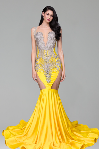 Illusion Embellished Mermaid Panel Gown - LAROSABRIDE