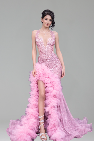 Halter Embellished High-Low Ruffle Gown - LAROSABRIDE