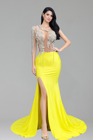 Asymmetric Embellished Illusion Slit Gown