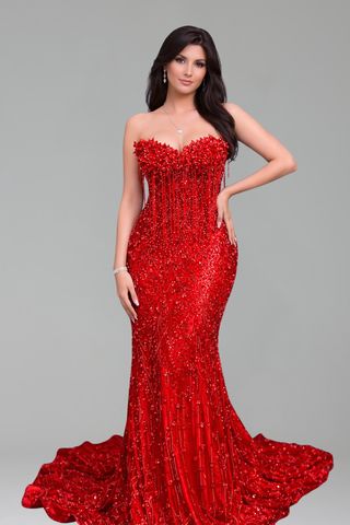 Strapless Crystal Beaded Mermaid Gown - LAROSABRIDE