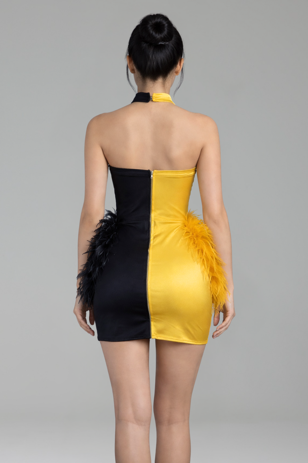 Halter Feather Embellished Mini Dress - LAROSABRIDE