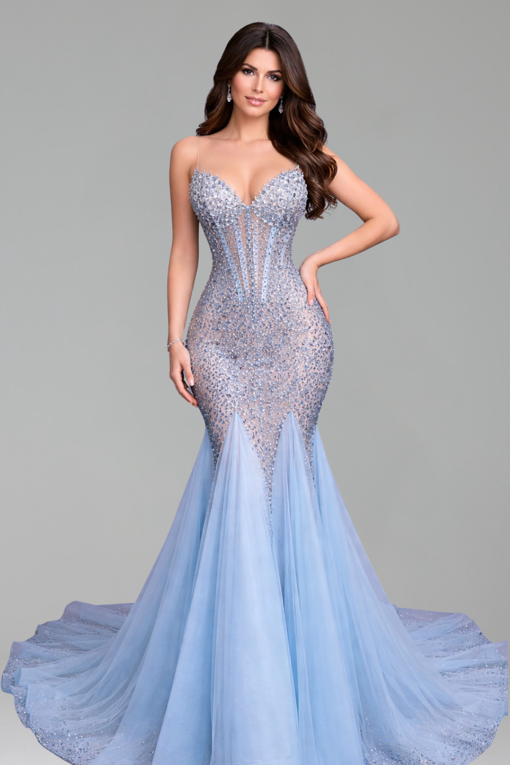 Crystal Embellished Illusion Mermaid Gown - LAROSABRIDE