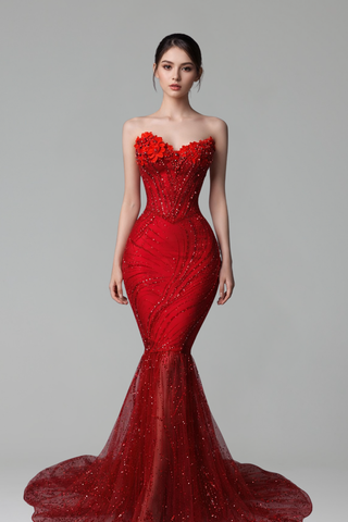 Beaded Mermaid Dress with Floral Detail - LAROSABRIDE