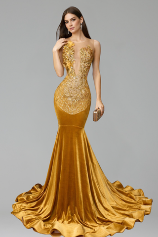 Gold Embellished Mermaid Evening Gown - LAROSABRIDE