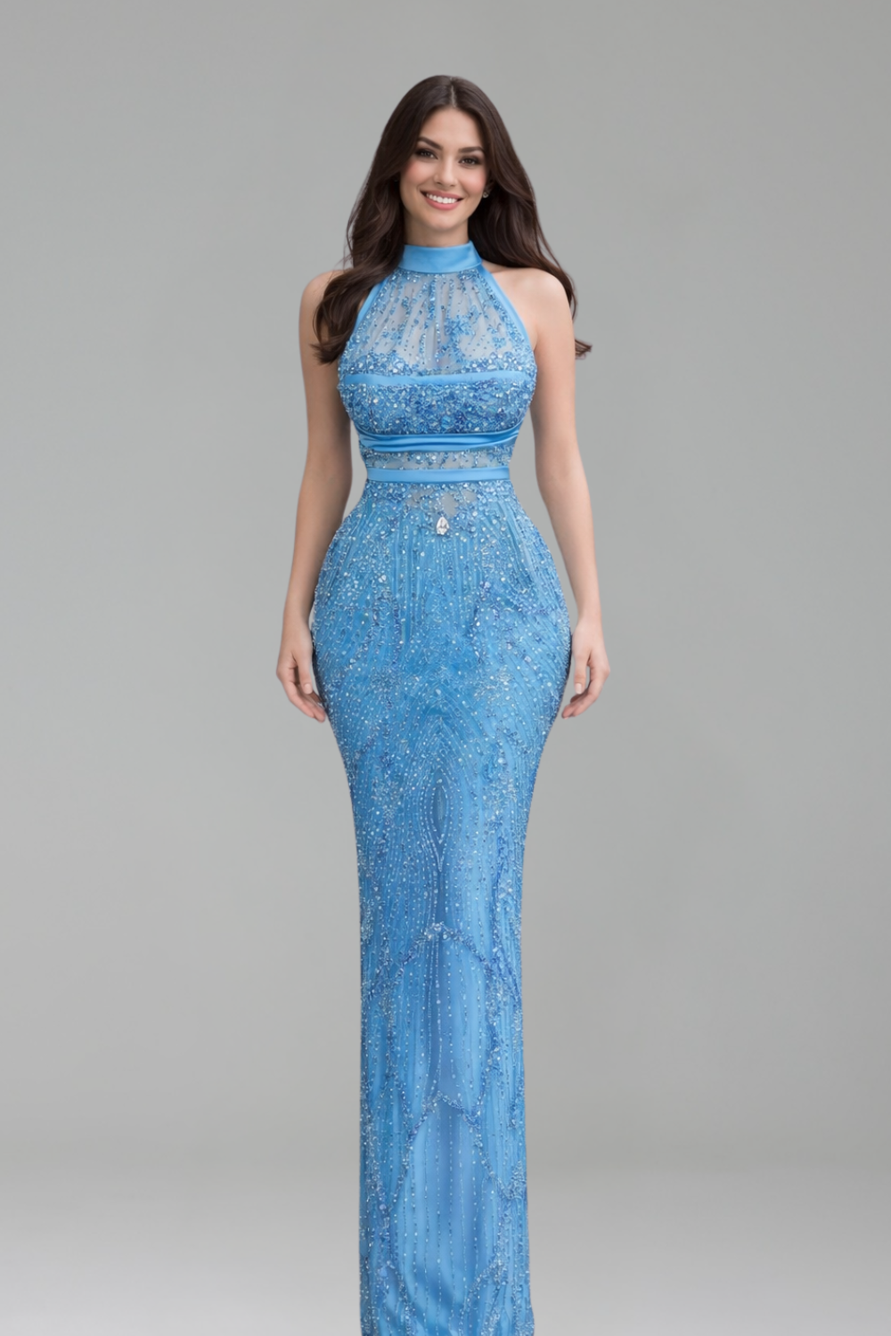 Beaded Halter Sheath Evening Gown - LAROSABRIDE