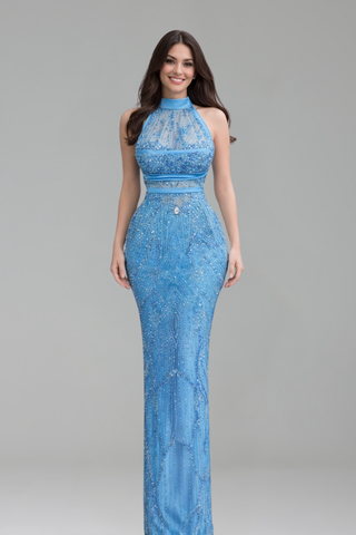 Beaded Halter Sheath Evening Gown - LAROSABRIDE