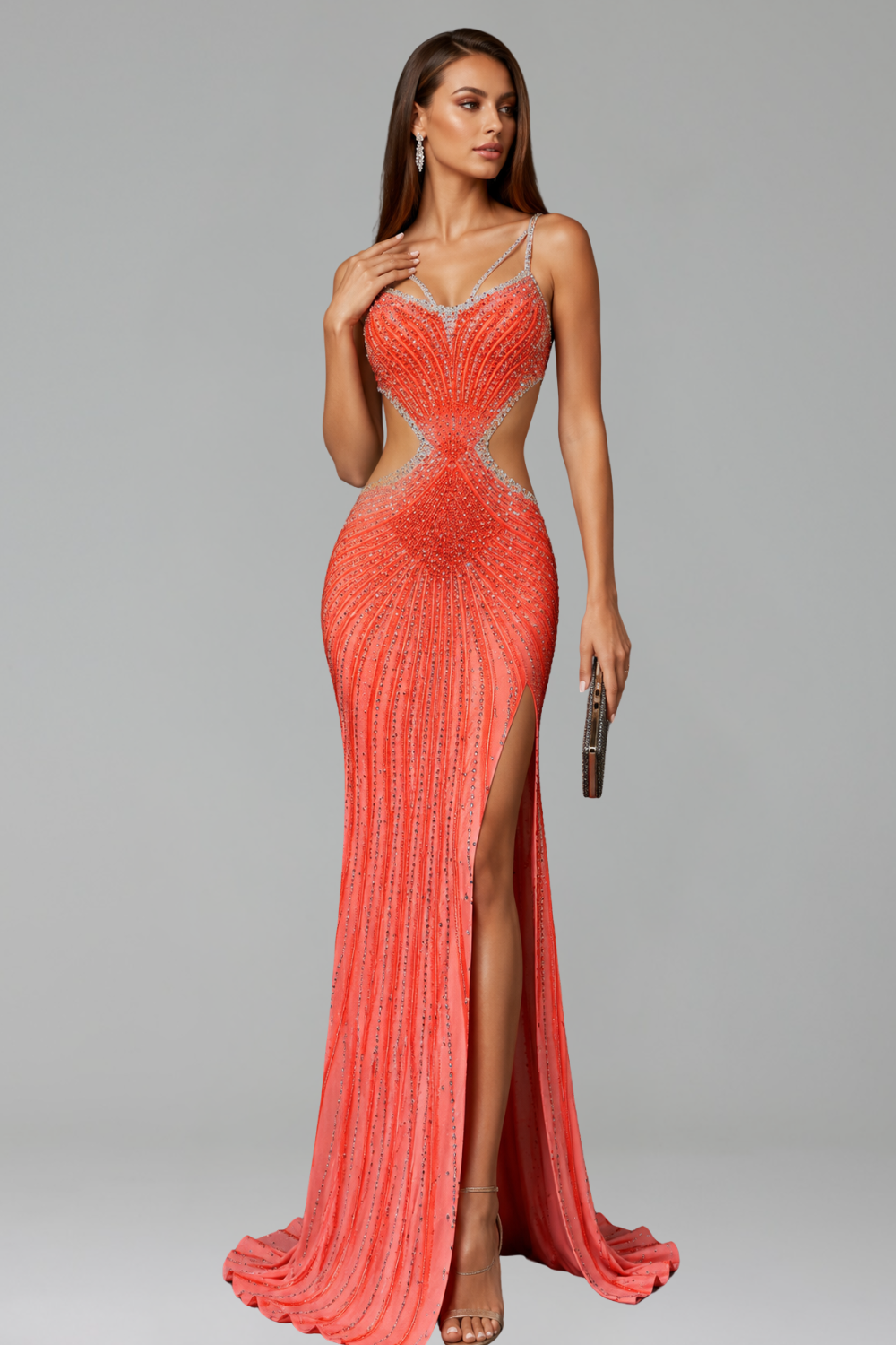 Embellished Cutout High Slit Gown - LAROSABRIDE