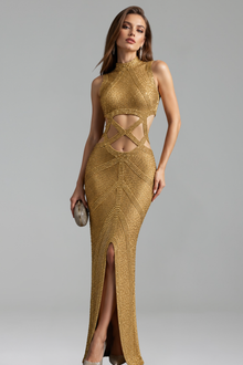 Crystal Cutout Slit Gown - LAROSABRIDE