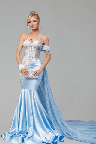 Sheer Beaded Mermaid Dress with Cape - LAROSABRIDE