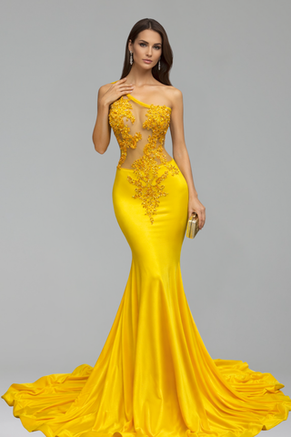 One Shoulder Appliqu� Mermaid Gown - LAROSABRIDE