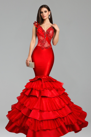 Beaded Ruffle Mermaid Gown - LAROSABRIDE