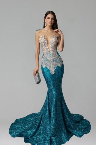 Beaded Illusion Mermaid Gown - LAROSABRIDE