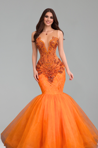 Beaded Tulle Mermaid Evening Gown - LAROSABRIDE