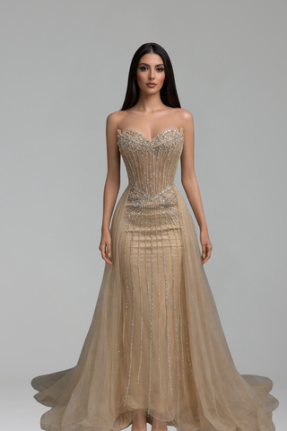 Strapless Beaded Tulle Evening Dress - LAROSABRIDE