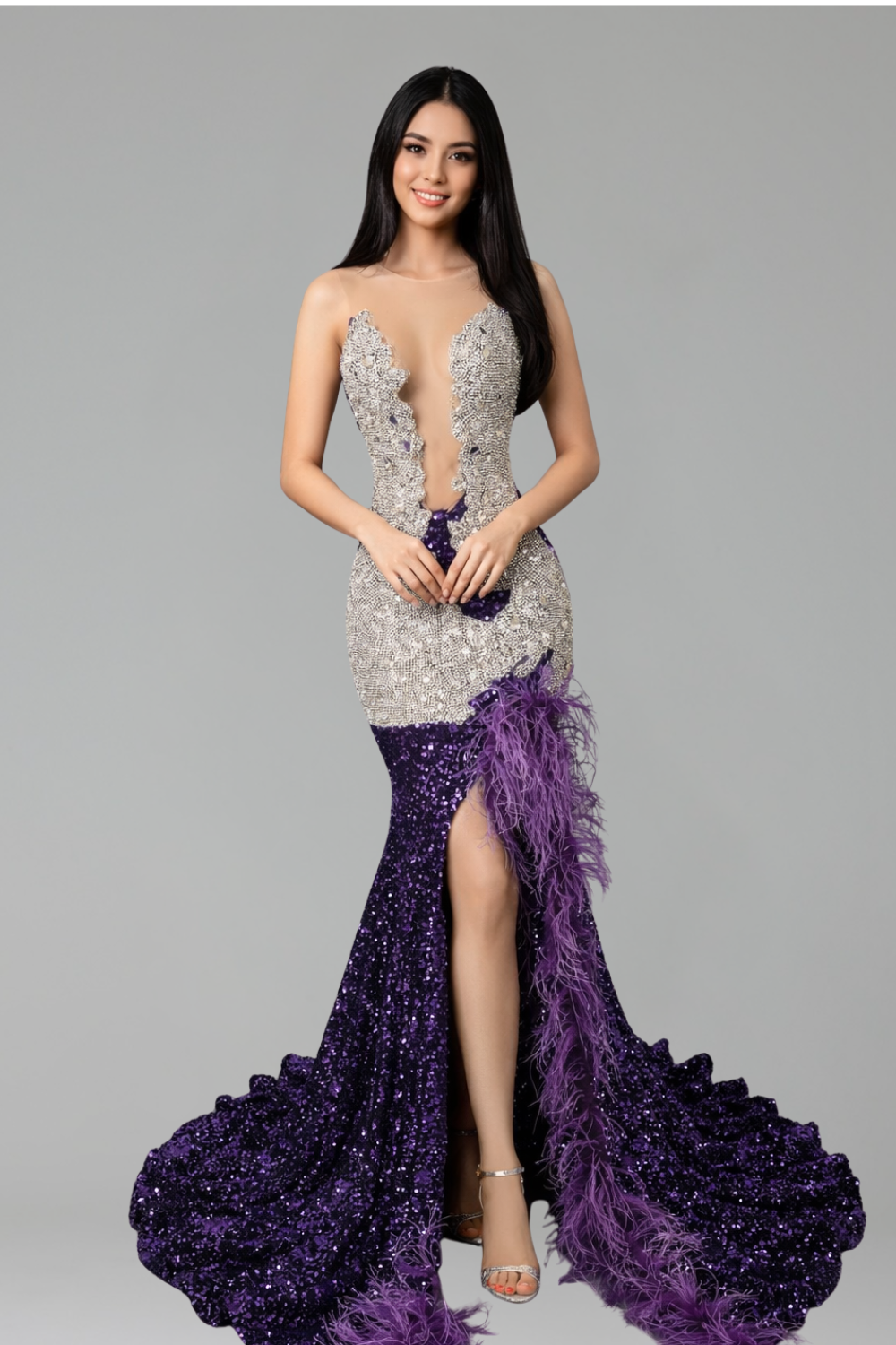 Feather Trim Sequin Mermaid Gown - LAROSABRIDE