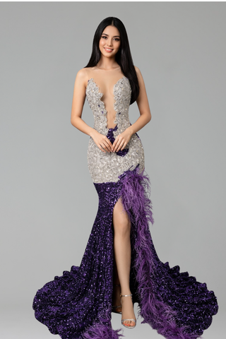 Feather Trim Sequin Mermaid Gown - LAROSABRIDE